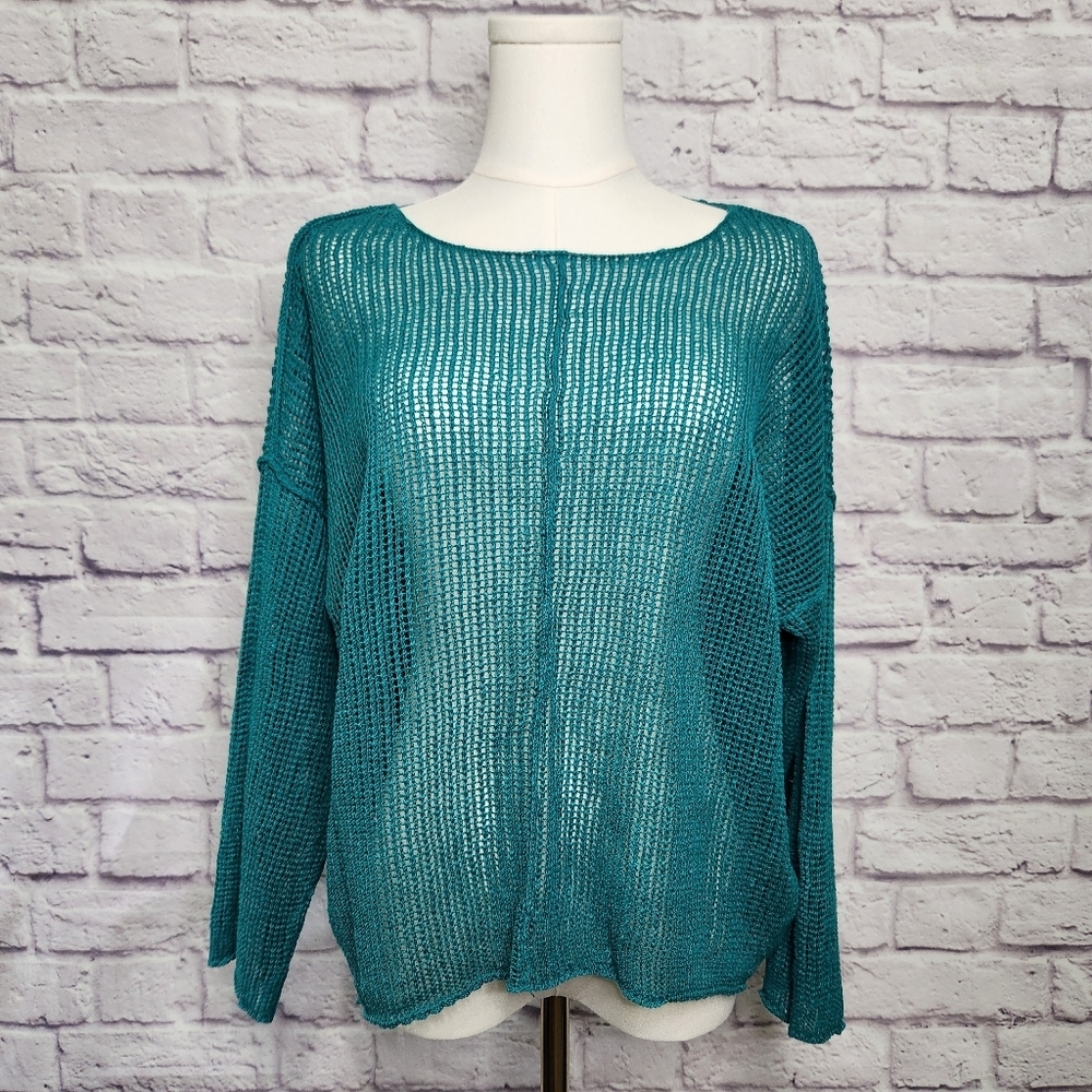 EILEEN FISHER Organic Linen Teal Open Weave Sweater Sz XL Boxy Fit Short Length